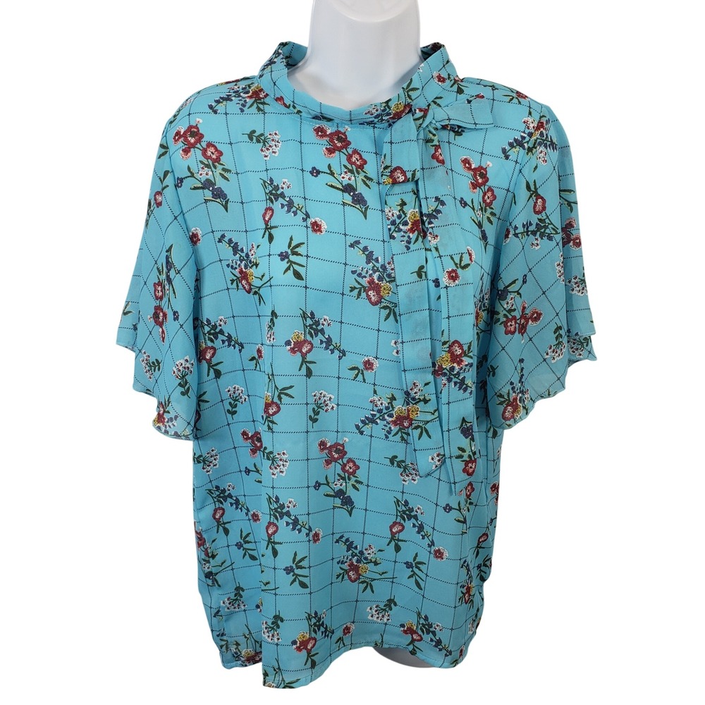 Jon & Anna Floral Print Tie Neck Sheer Blouse Top Womens Large Short Sleeve /A65